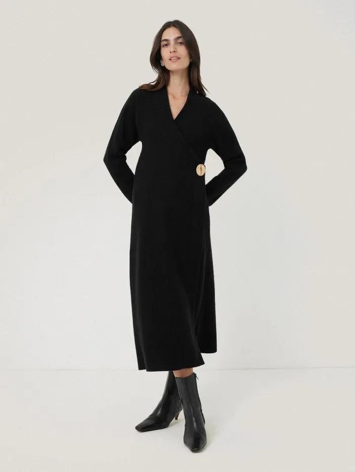 Boiled Wool Blend Disc Dress Black Women Jigsaw Knitwear and Cashmere