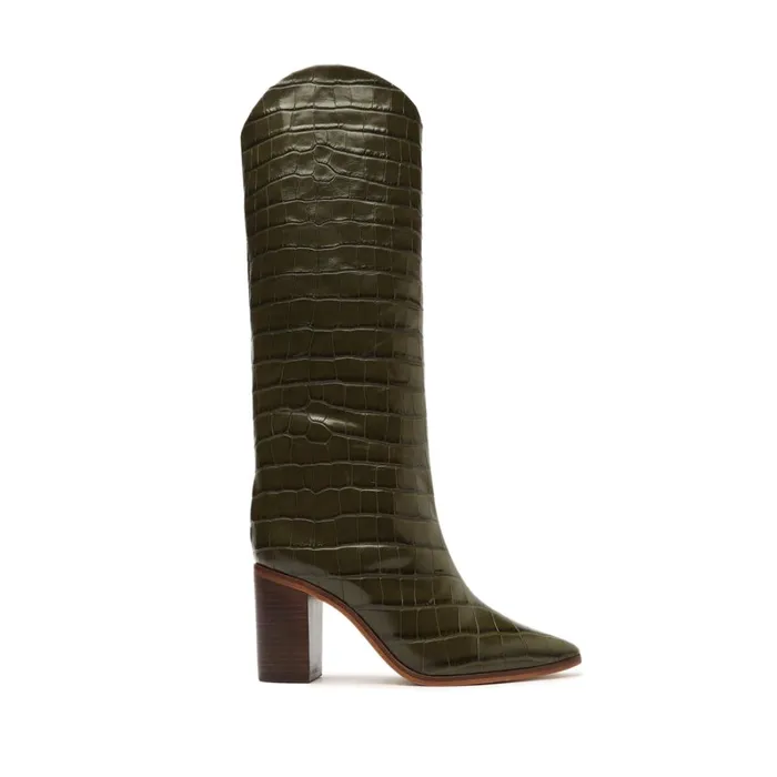 Boots Maryana Block CrocodileEmbossed Leather Boot Military Green Schutz Shoes Maryana Boots