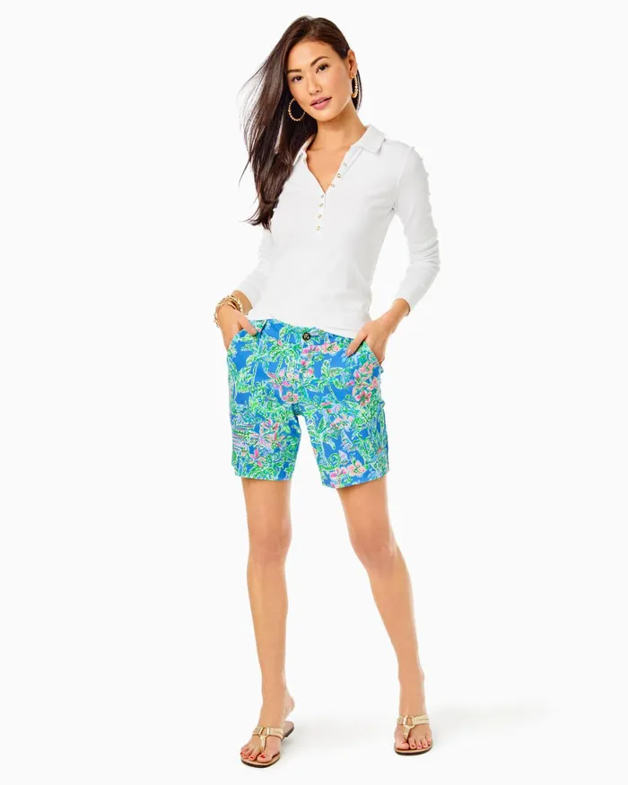 Bottoms Women Lilly Pulitzer 9034 Natia Knit Short Boca Blue Beneath The Bougainvillea