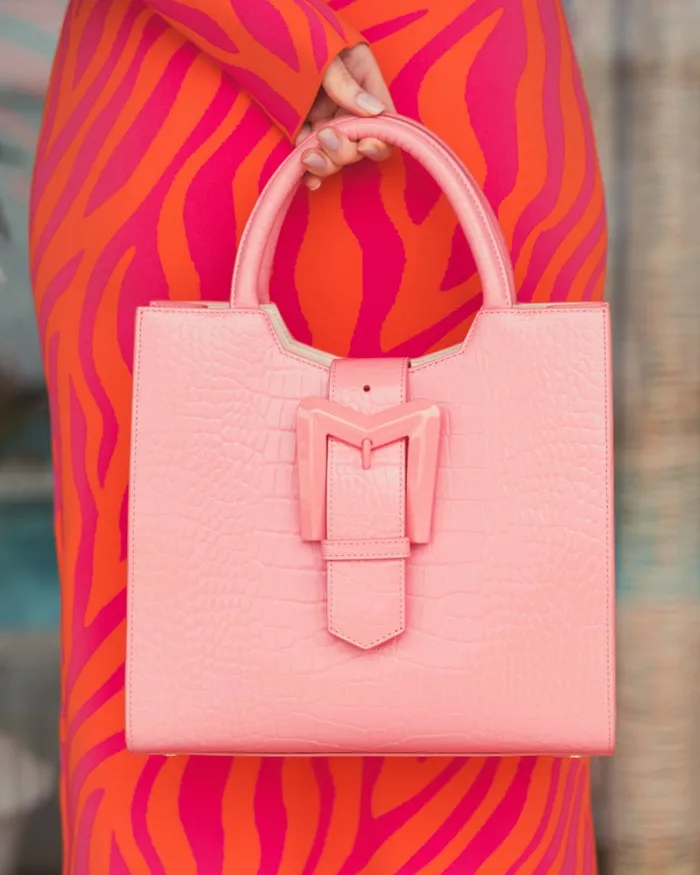 Buckled Medium Croco Hibiscus Leather Tote Bag with Detachable Strap Hibiscus Women Totes Mac Duggal