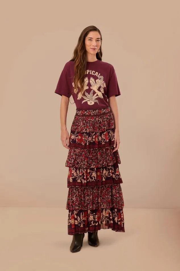 Burgundy Tropical Organic Cotton Relaxed TShirt Women FARM Rio Tshirts