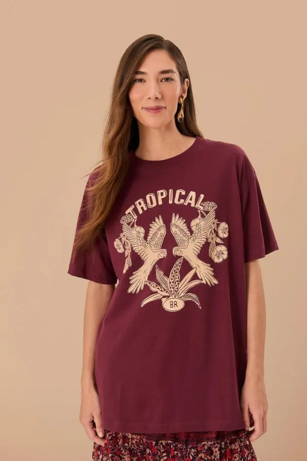 Burgundy Tropical Organic Cotton Relaxed TShirt Women FARM Rio Tshirts