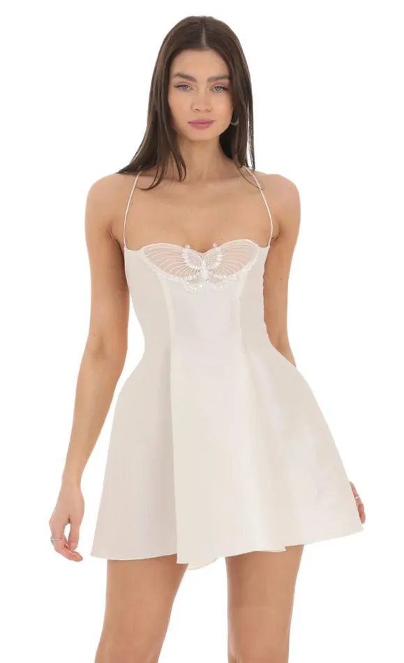 Butterfly Strapless Fit And Flare Dress White Women LUCY IN THE SKY Mini Dresses