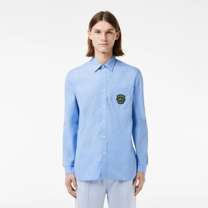 Button Down Shirts Men Lacoste Men039s Logo Badge Striped Shirt Blue White E7b