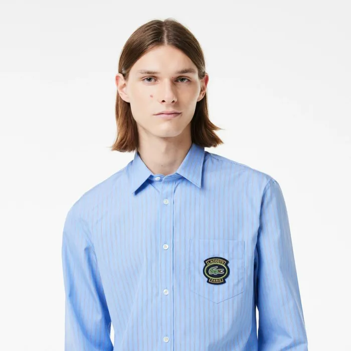 Button Down Shirts Men Lacoste Men039s Logo Badge Striped Shirt Blue White E7b