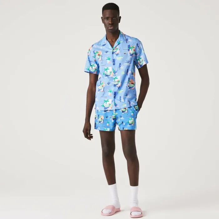Button Down Shirts Men Lacoste Men039s Print Cotton Voile Hawaiian Shirt Blue White Fyf
