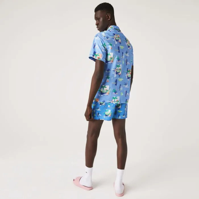 Button Down Shirts Men Lacoste Men039s Print Cotton Voile Hawaiian Shirt Blue White Fyf