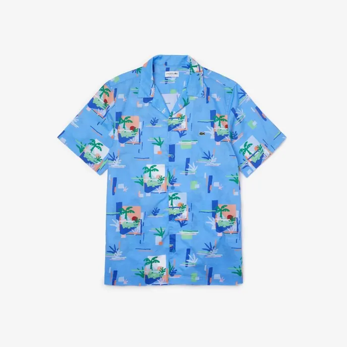Button Down Shirts Men Lacoste Men039s Print Cotton Voile Hawaiian Shirt Blue White Fyf