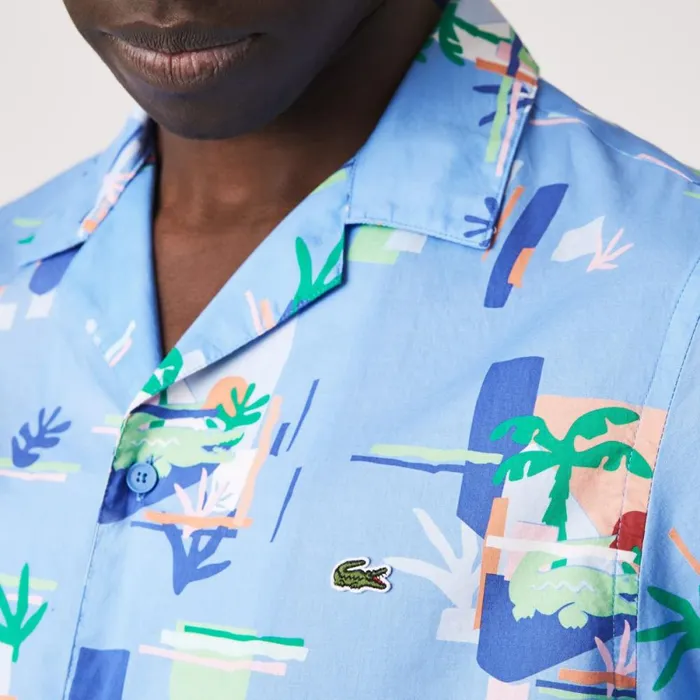 Button Down Shirts Men Lacoste Men039s Print Cotton Voile Hawaiian Shirt Blue White Fyf