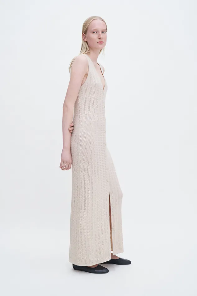 Buttoned Lace Knit Dress Light Beige Women Dresses filippak