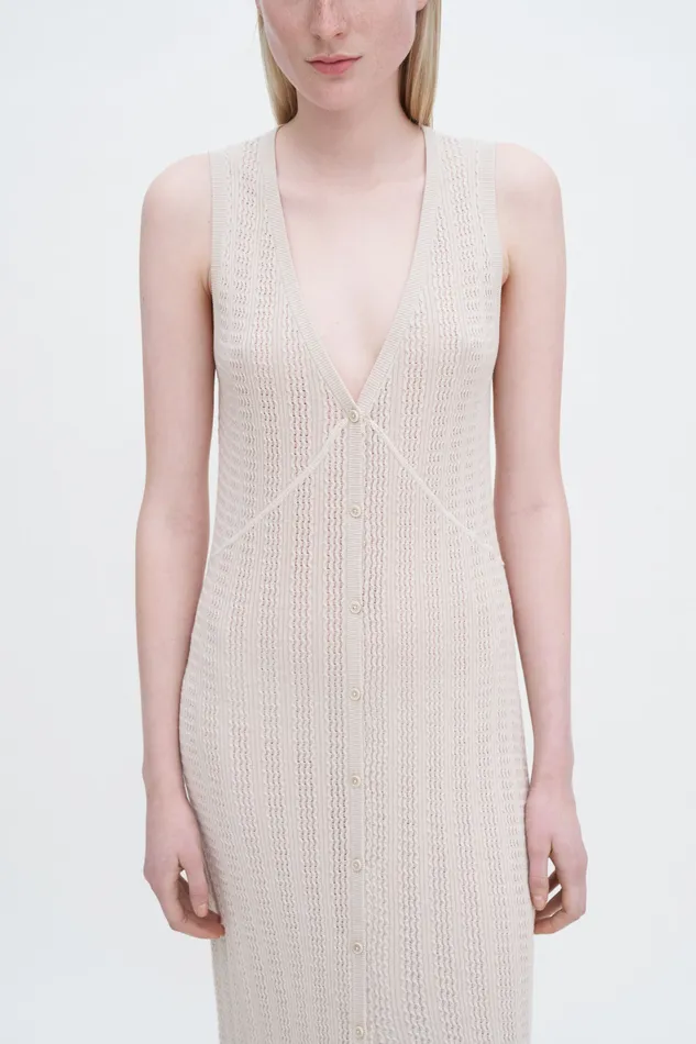 Buttoned Lace Knit Dress Light Beige Women Dresses filippak Buttoned Lace Knit Dress Light Beige Women Dresses filippak