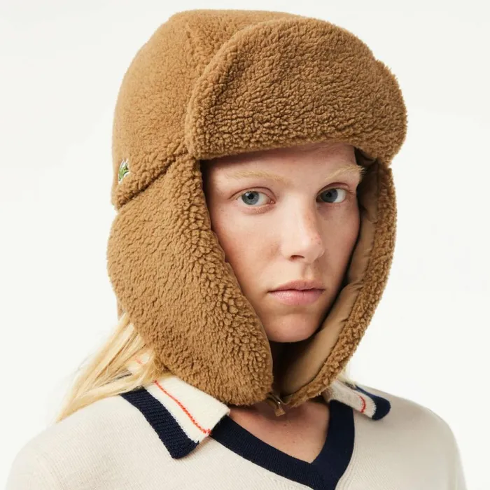 Caps and Hats MenWomen Lacoste Women039s Snap Close Sherpa Chapka Brown Six