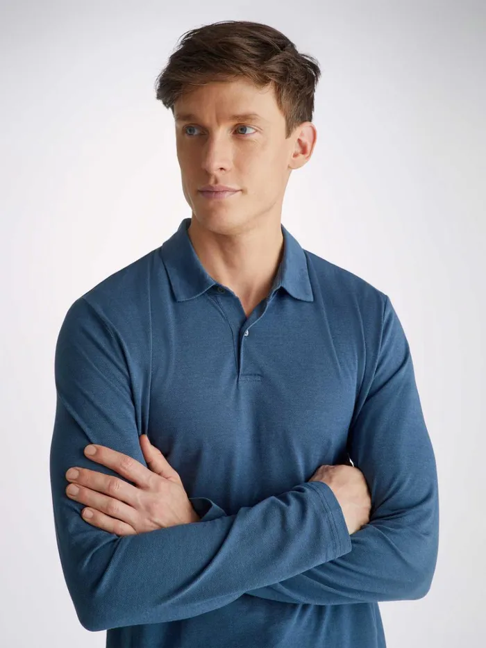 Casual Shirts Men Derek Rose Long Sleeve Polo Shirt Ramsay 2 Pique Cotton Tencel Denim