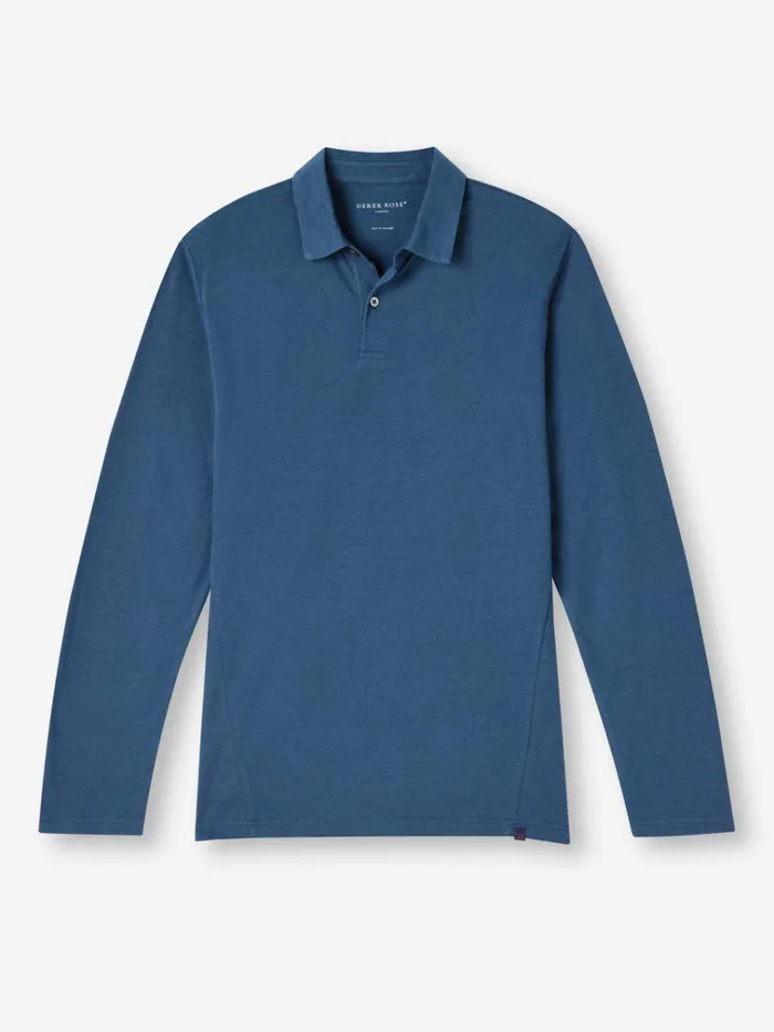 Casual Shirts Men Derek Rose Long Sleeve Polo Shirt Ramsay 2 Pique Cotton Tencel Denim