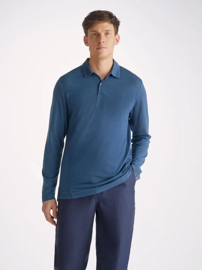 Casual Shirts Men Derek Rose Long Sleeve Polo Shirt Ramsay 2 Pique Cotton Tencel Denim
