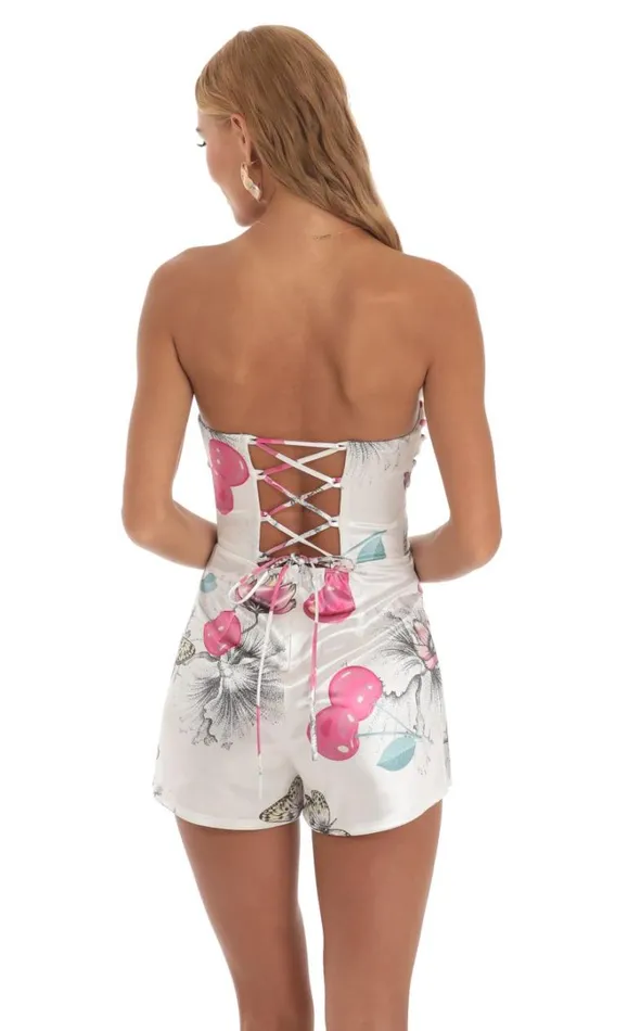 Cherry Butterfly Strapless Romper White Women LUCY IN THE SKY Rompers