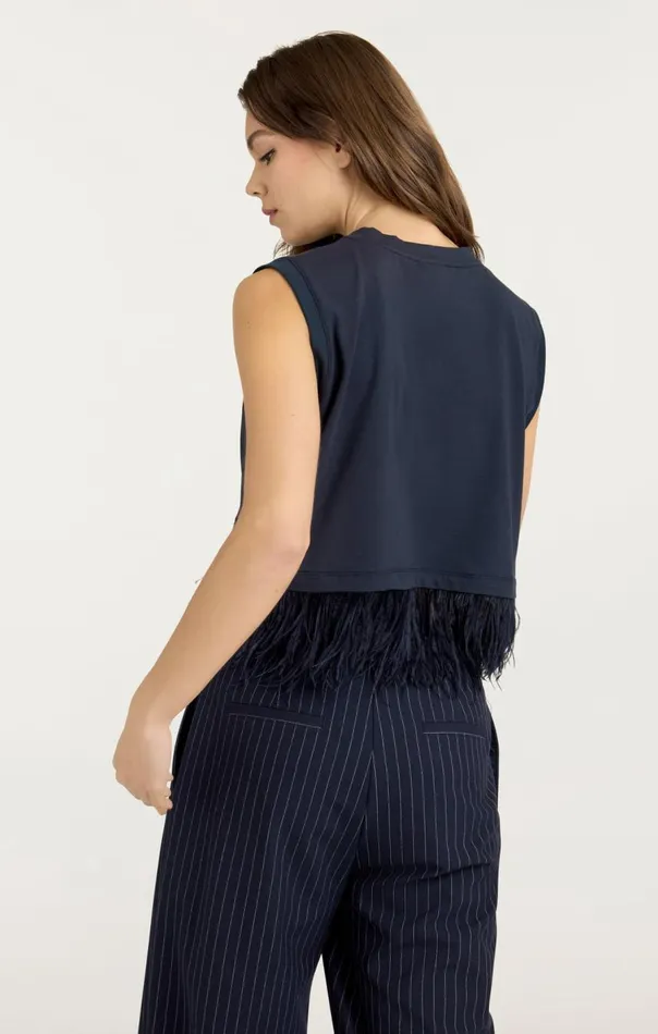 Cinq Sept Cropped Feather Tee Navy Women Tees