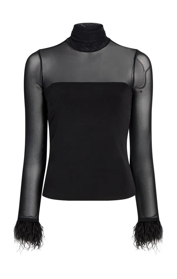 Cinq Sept Feather Trim Shantel Top Black Women Long Sleeve Tops