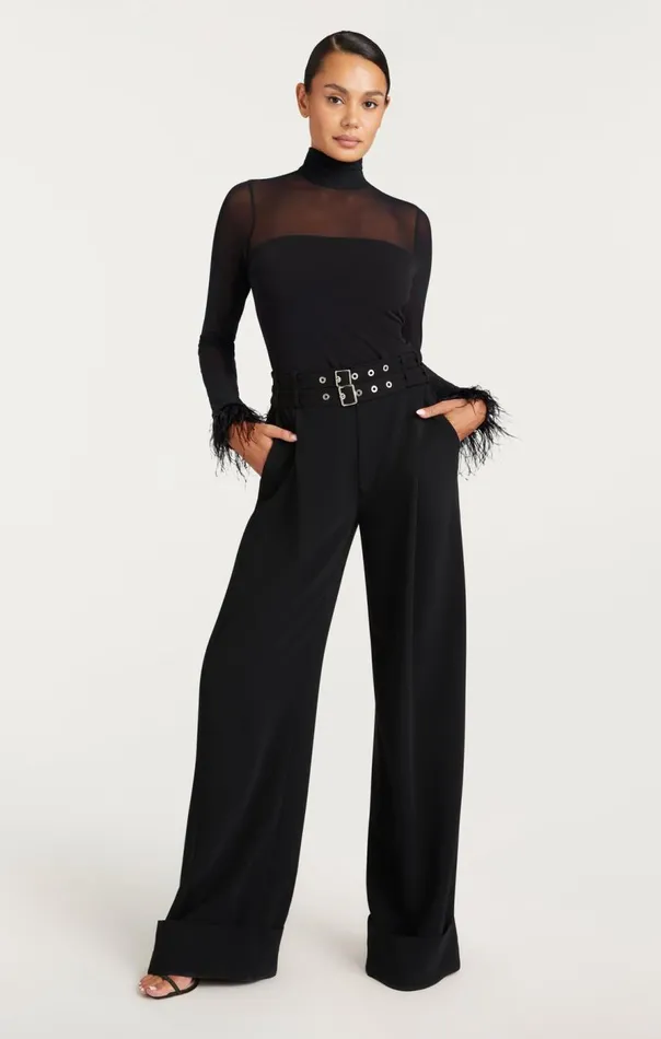 Cinq Sept Feather Trim Shantel Top Black Women Long Sleeve Tops