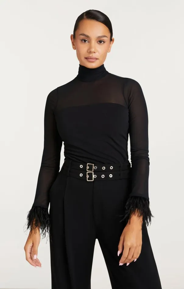 Cinq Sept Feather Trim Shantel Top Black Women Long Sleeve Tops