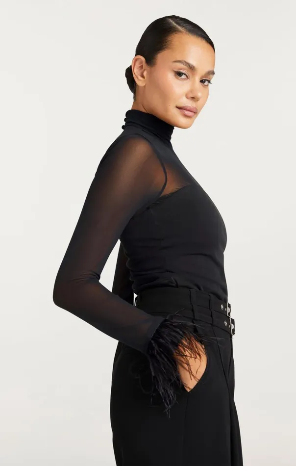 Cinq Sept Feather Trim Shantel Top Black Women Long Sleeve Tops