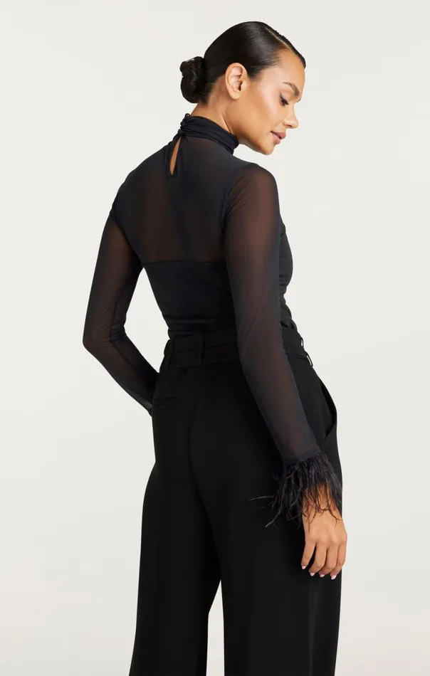 Cinq Sept Feather Trim Shantel Top Black Women Long Sleeve Tops