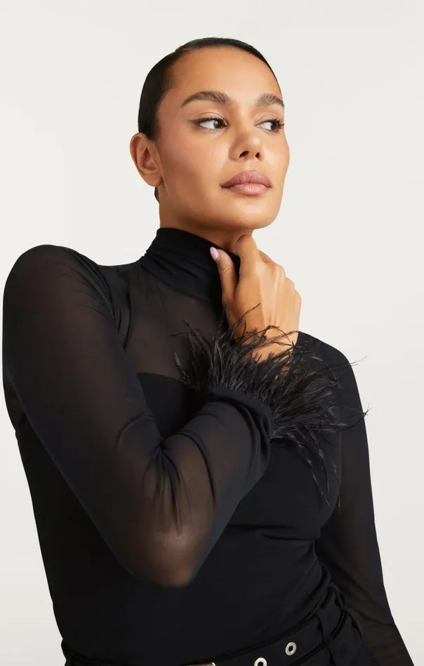 Cinq Sept Feather Trim Shantel Top Black Women Long Sleeve Tops