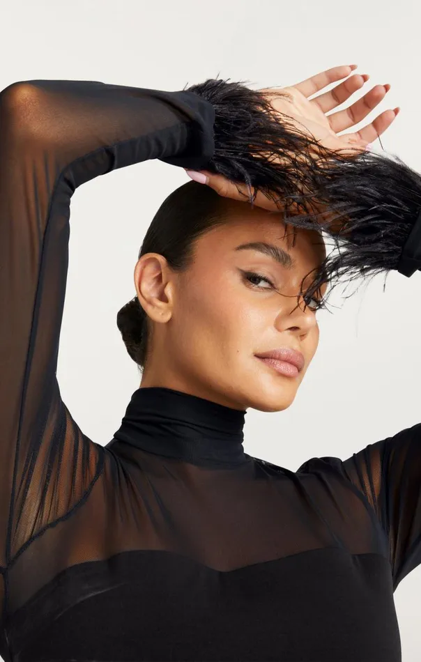 Cinq Sept Feather Trim Shantel Top Black Women Long Sleeve Tops