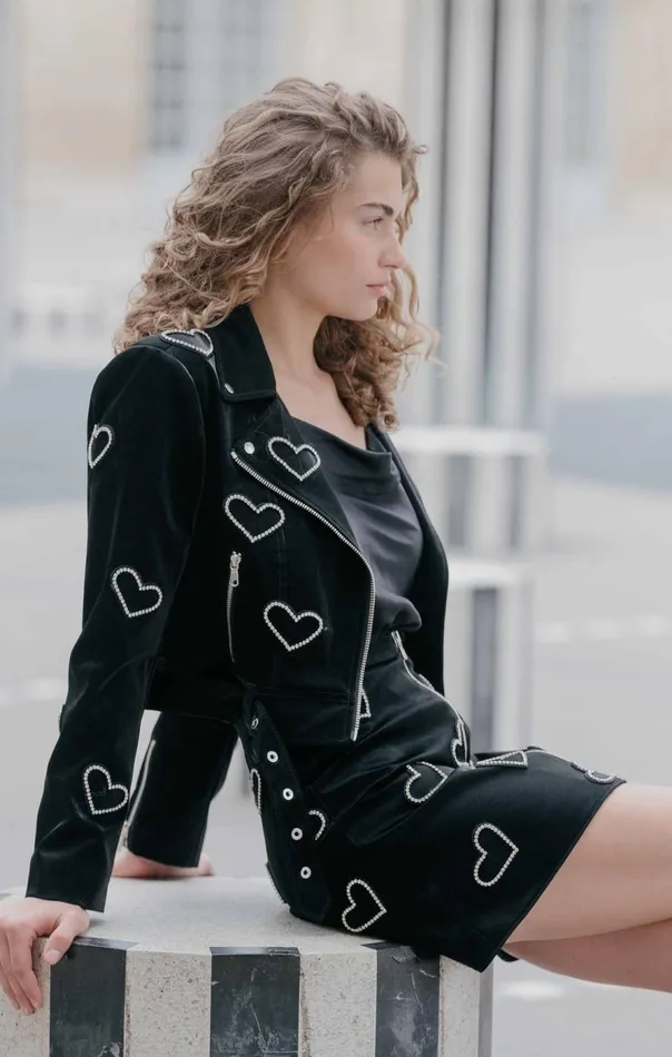 Cinq Sept Rhinestone Hearts Palo Skirt Blacksilver Women Skirts