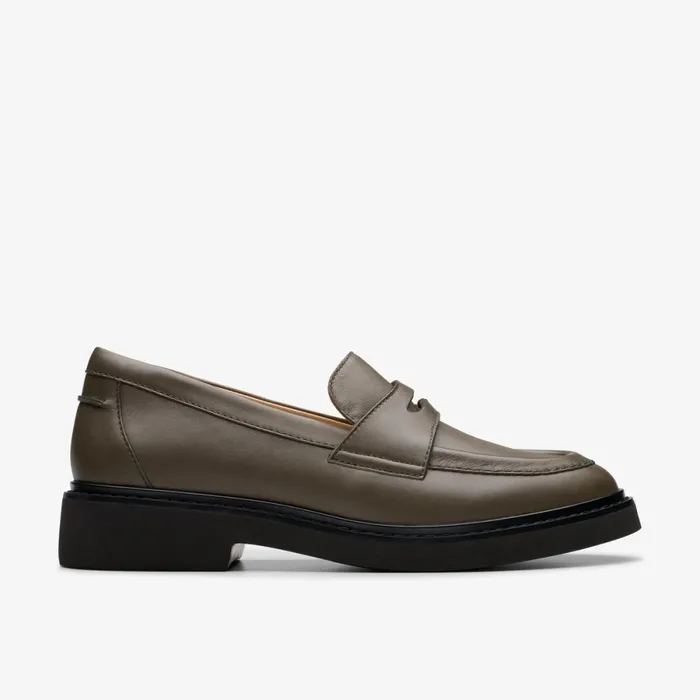 Clarks Flat Shoes Splend Edge Dark Olive Leather 8211 Women