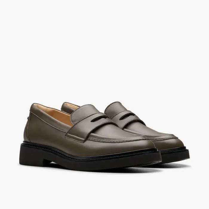 Clarks Flat Shoes Splend Edge Dark Olive Leather 8211 Women