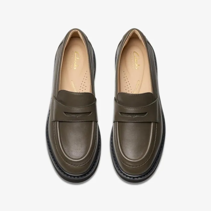 Clarks Flat Shoes Splend Edge Dark Olive Leather 8211 Women