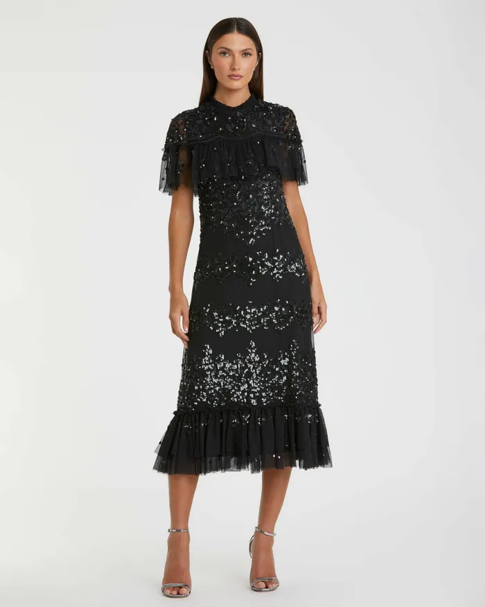 Cocktail Dresses Sequined High Neck Ruffled Flutter Sleeve Midi Dress Black 8211 Mac Duggal Women