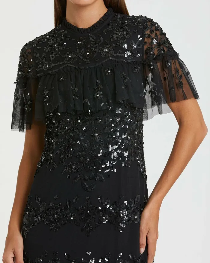 Cocktail Dresses Sequined High Neck Ruffled Flutter Sleeve Midi Dress Black 8211 Mac Duggal Women