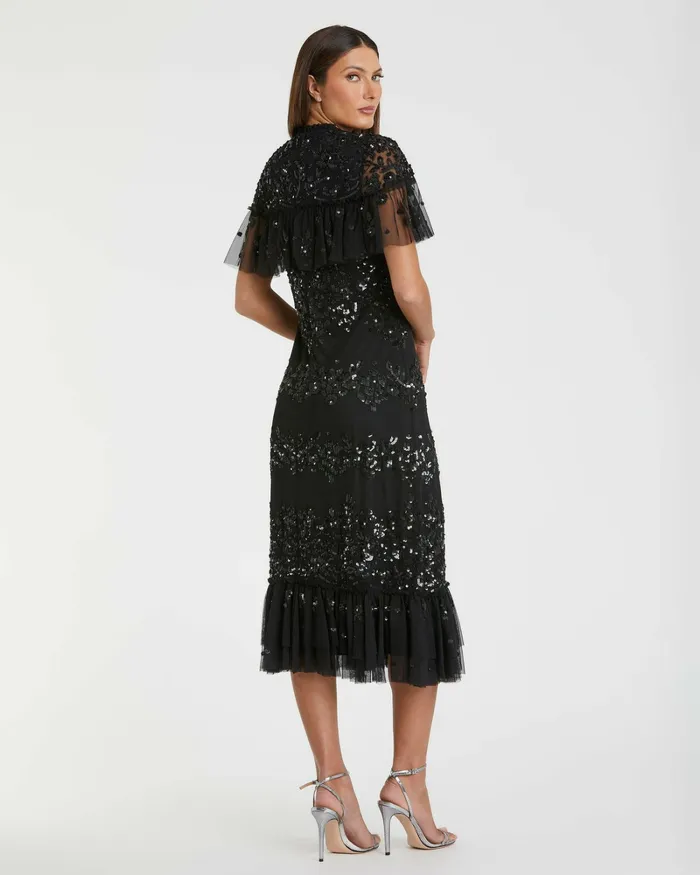 Cocktail Dresses Sequined High Neck Ruffled Flutter Sleeve Midi Dress Black 8211 Mac Duggal Women