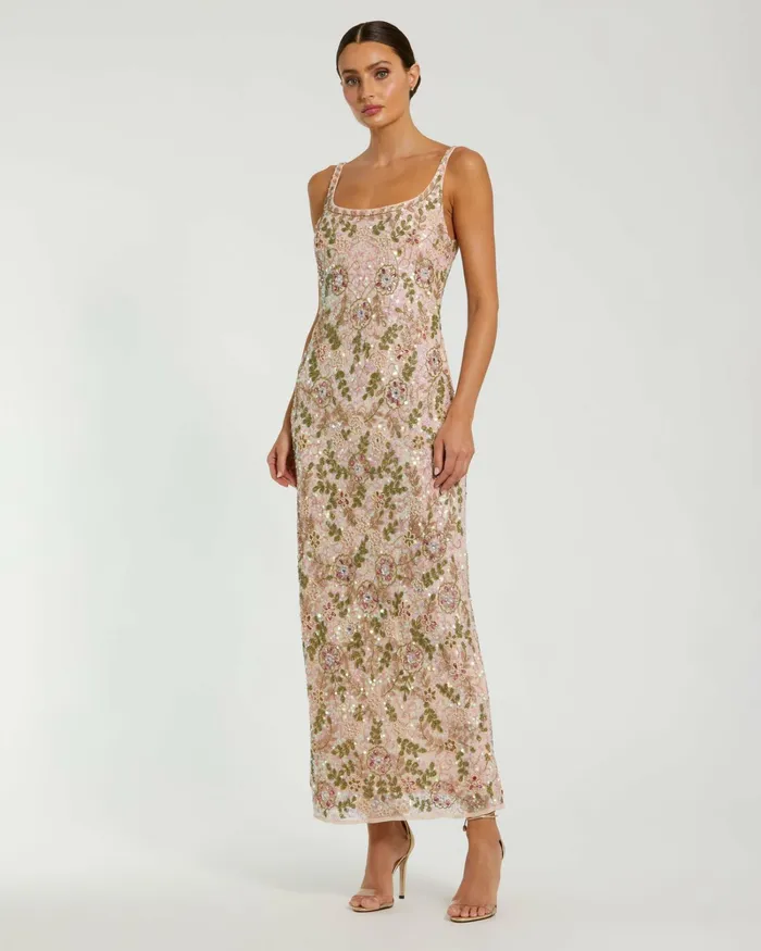 Cocktail Dresses Sleeveless Hand Beaded Floral Midi Dress Nude Multi Mac Duggal Women