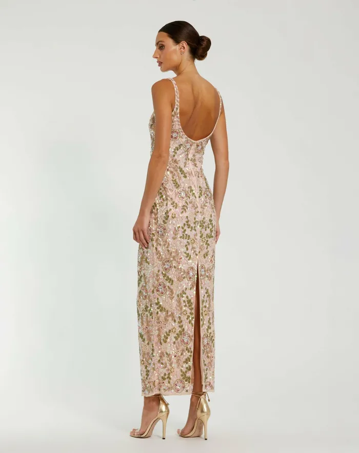 Cocktail Dresses Sleeveless Hand Beaded Floral Midi Dress Nude Multi Mac Duggal Women