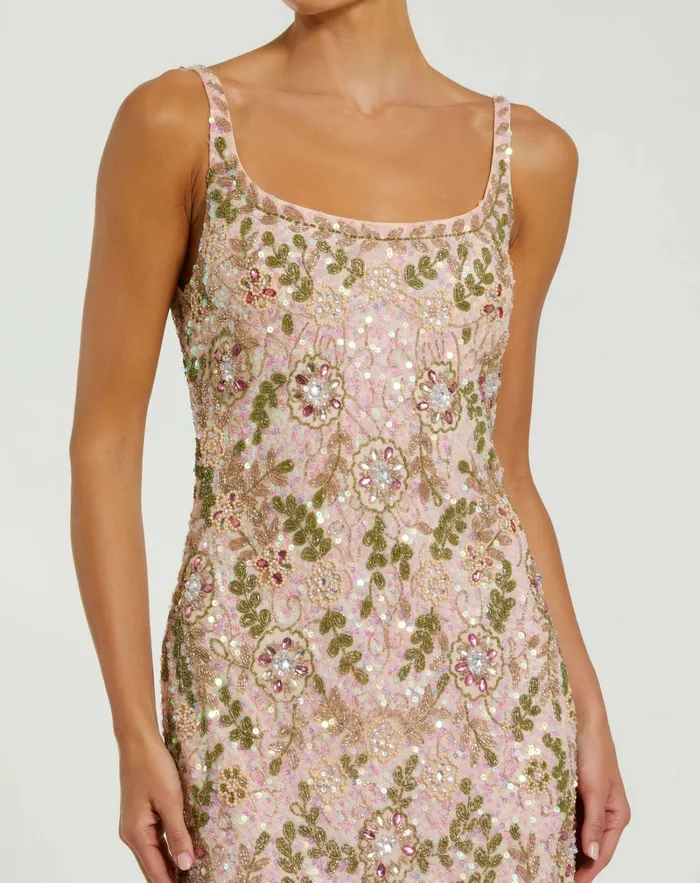 Cocktail Dresses Sleeveless Hand Beaded Floral Midi Dress Nude Multi Mac Duggal Women