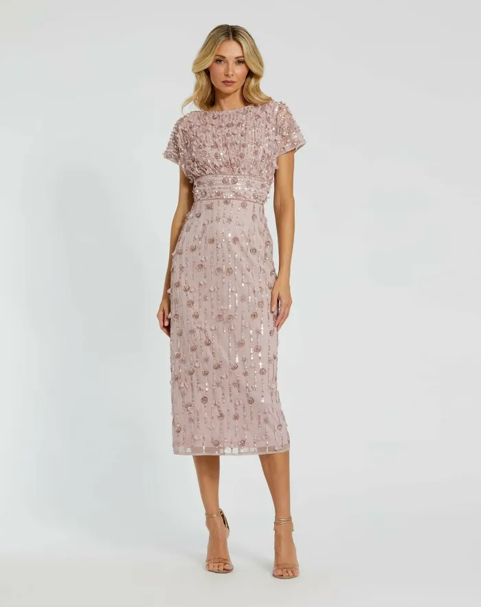 Cocktail Dresses Women Mac Duggal Cap Sleeve Column Midi Dress With Floral Beading Vintage Lilac