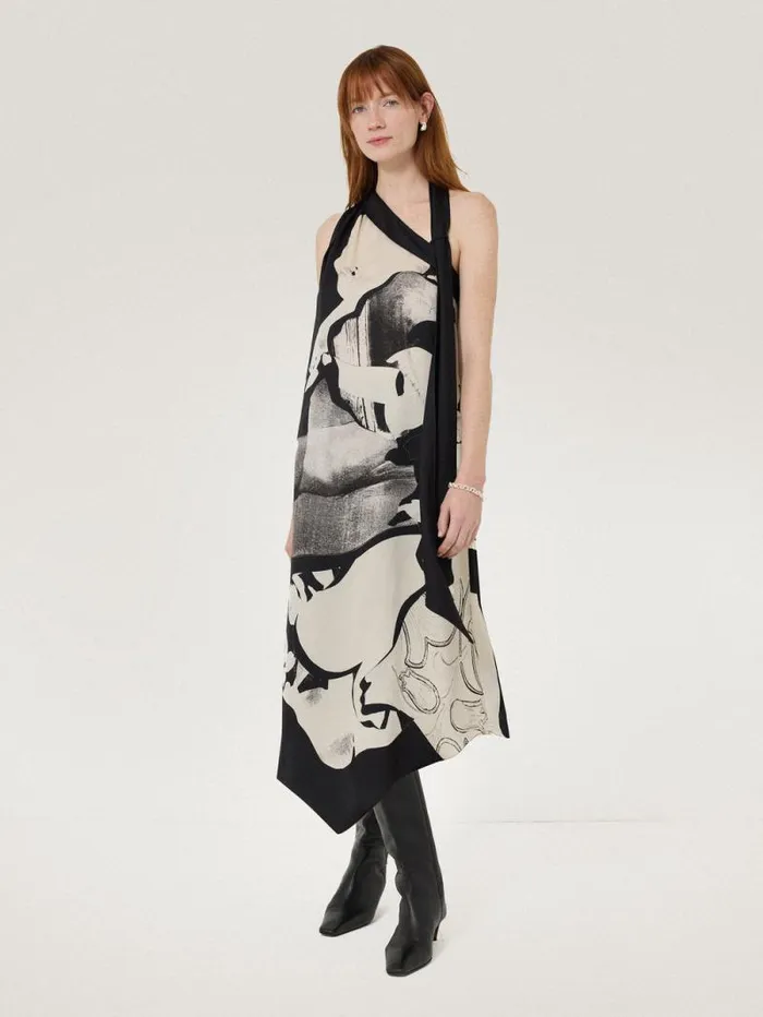 Collage Print Scarf Dress Monochrome Women Jigsaw Dresses and Jumpsuits