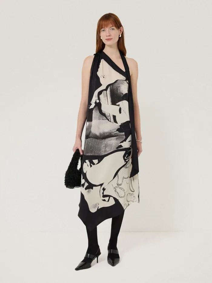 Collage Print Scarf Dress Monochrome Women Jigsaw Dresses and Jumpsuits