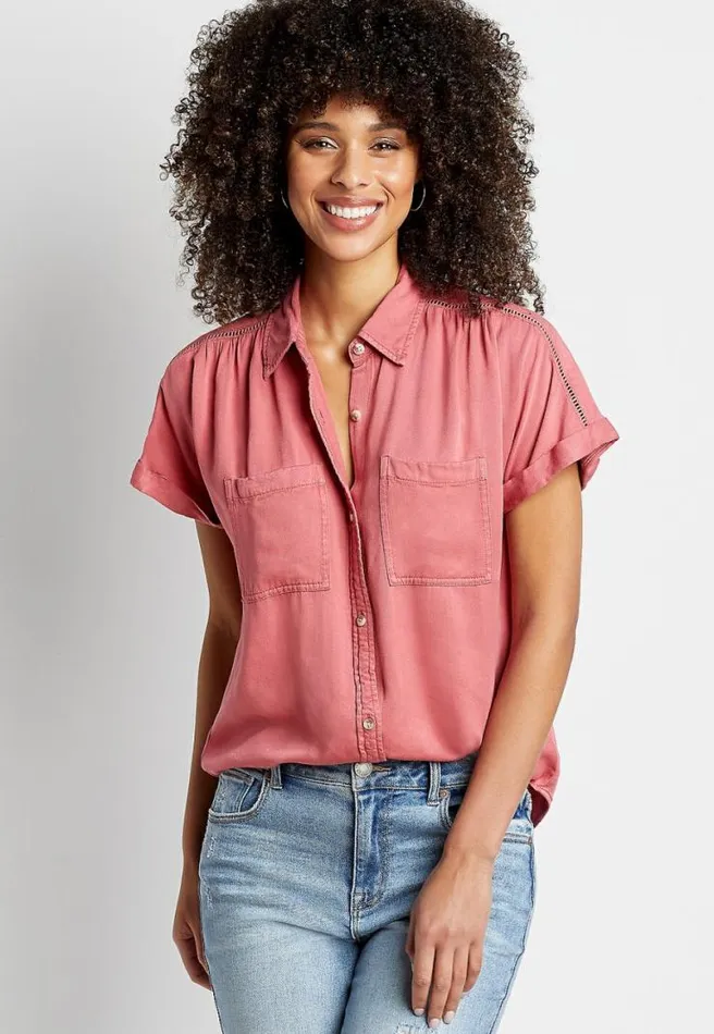 Coral Short Sleeve Utility Button Down Shirt Women Maurices Tops