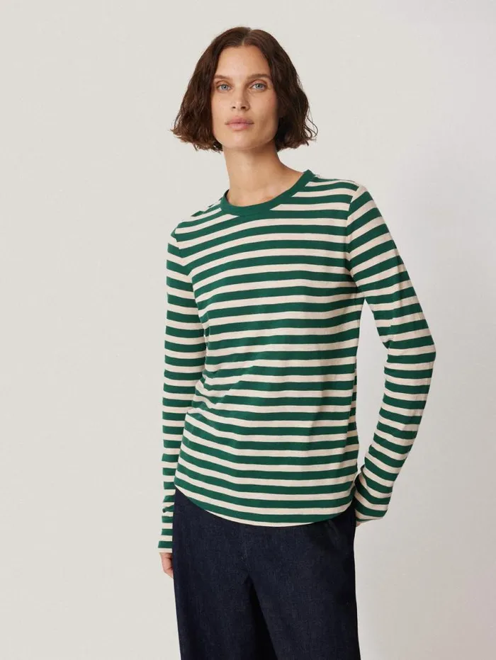 Cotton Slub Stripe Long Sleeve Tee Green Women Jigsaw Pyjamas and Loungewear