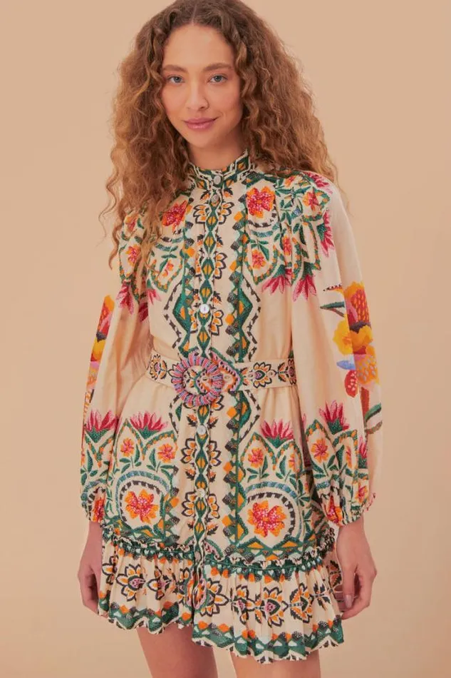 Cream Lucy Floral Tapestry Long Sleeve Mini Dress Women FARM Rio Mini Dresses