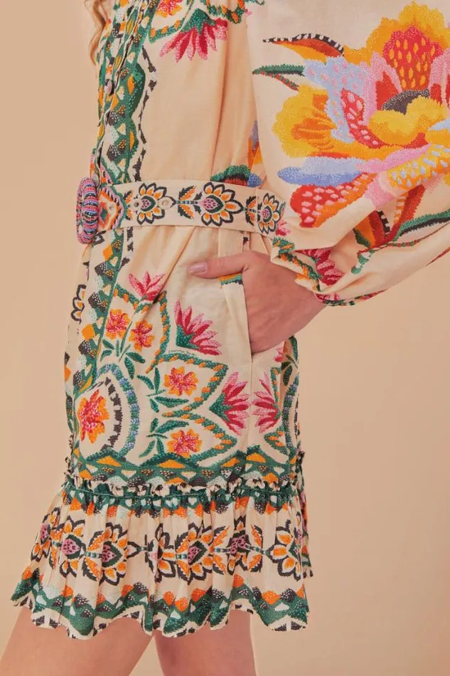 Cream Lucy Floral Tapestry Long Sleeve Mini Dress Women FARM Rio Mini Dresses