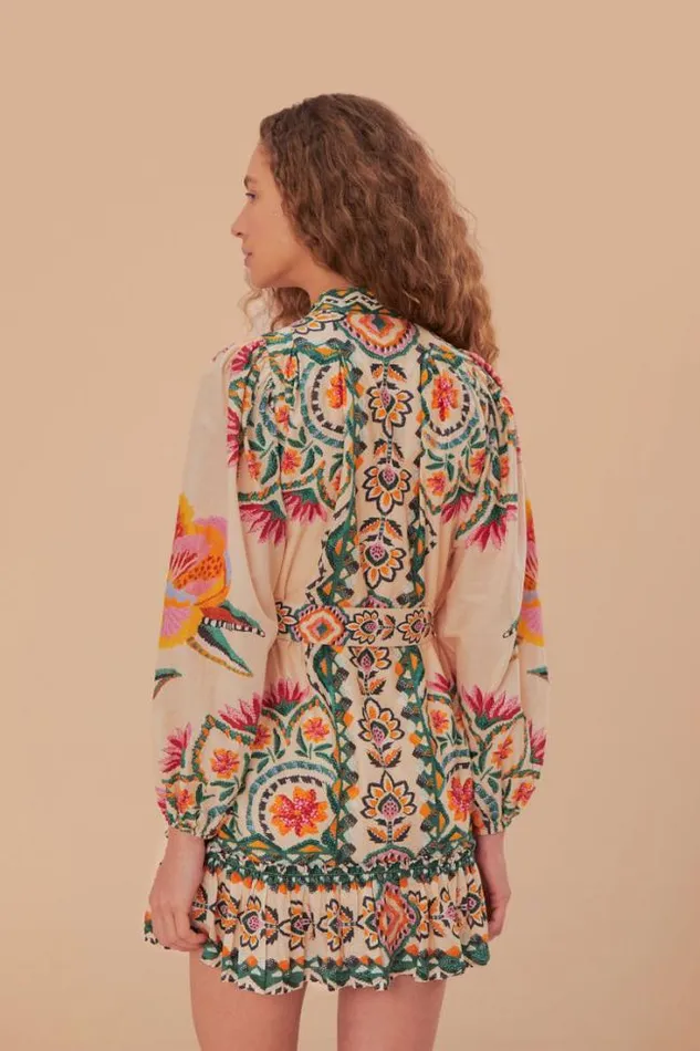 Cream Lucy Floral Tapestry Long Sleeve Mini Dress Women FARM Rio Mini Dresses