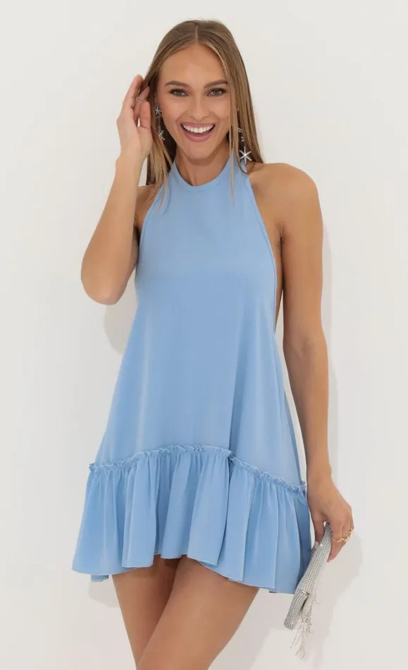 Crepe Halter Neck Dress Blue Women LUCY IN THE SKY Mini Dresses Crepe Halter Neck Dress Blue Women LUCY IN THE SKY Mini Dresses