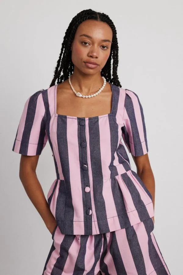 Damson Madder Coords Women Philly Peplum Blouse 8211 Pink Blue Stripe