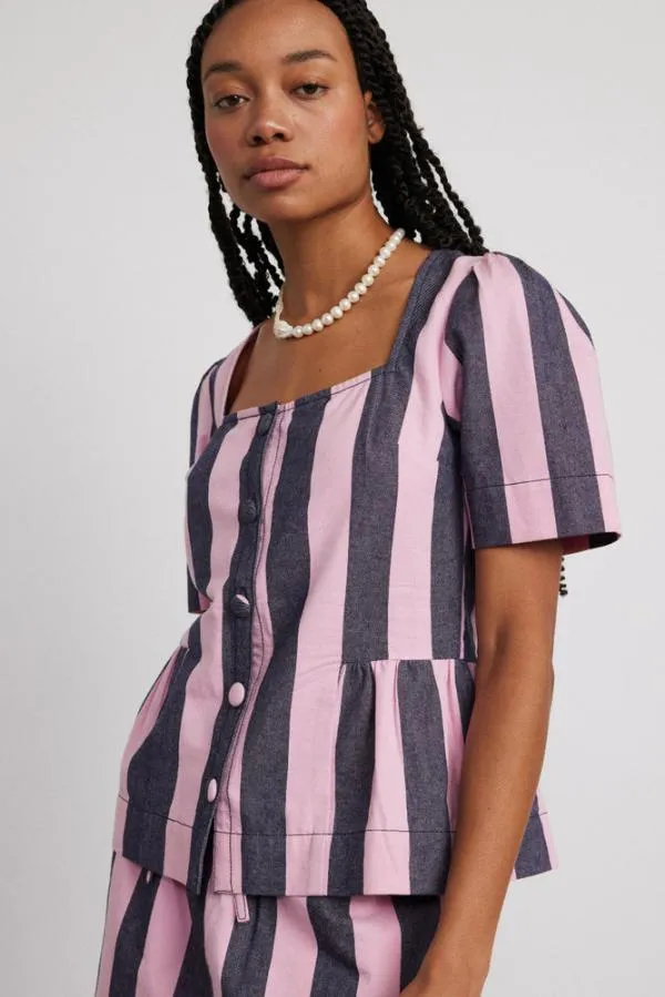 Damson Madder Coords Women Philly Peplum Blouse 8211 Pink Blue Stripe