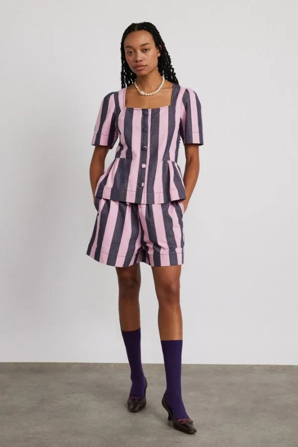 Damson Madder Coords Women Philly Peplum Blouse 8211 Pink Blue Stripe